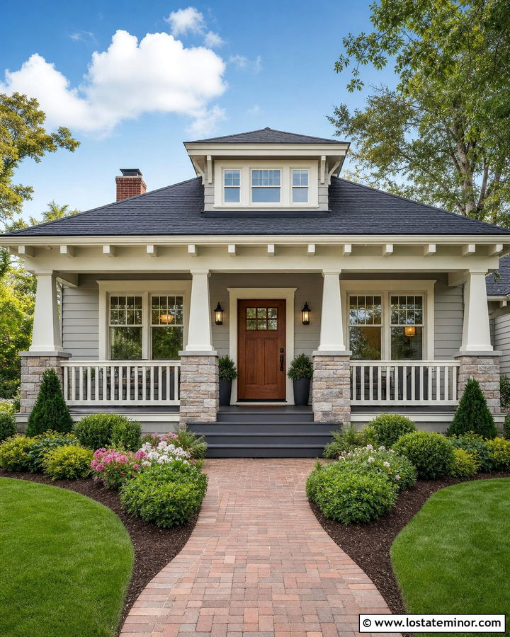 Dove Grey Bungalow With Craftsman Railings - 30 Dove Grey House Design With Railings Ideas