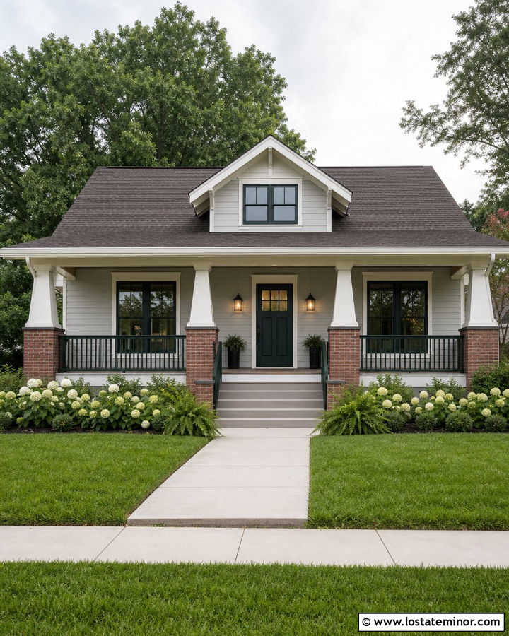 Dove Grey Bungalow With Dark Green Window Frames - 30 Dove Grey House Design With Window Frames Ideas