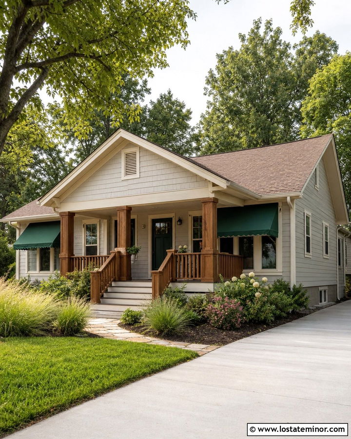 Dove Grey Bungalow With Green Canvas Awning - 30 Dove Grey House Design With Awning Ideas