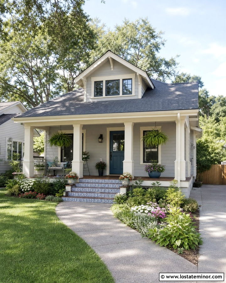 Dove Grey Bungalow With Patterned Tile Steps - 30 Dove Grey House Design With Steps Ideas