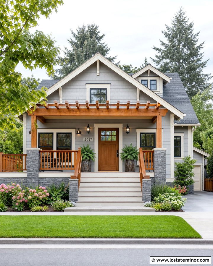 Dove Grey Bungalow With Porch Pergola - 30 Dove Grey House Design With Pergola Ideas