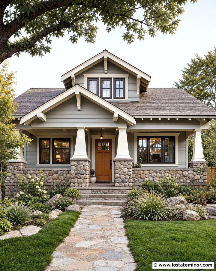 Dove Grey Bungalow With River Rock Foundation - 30 Dove Grey House Design With Stone Accents Ideas