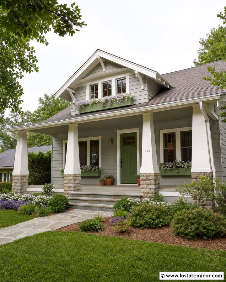 Dove Grey Bungalow With Sage Green Window Boxes - 30 Dove Grey House Design With Window Boxes Ideas