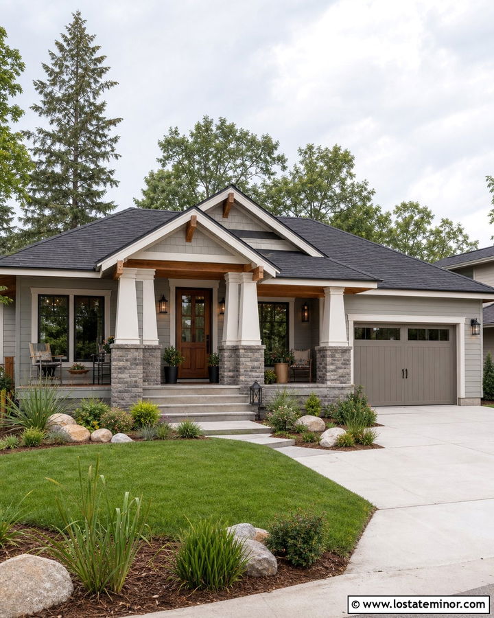 Dove Grey Bungalow With Tapered Porch Columns - 30 Dove Grey House Design With Front Porch Ideas