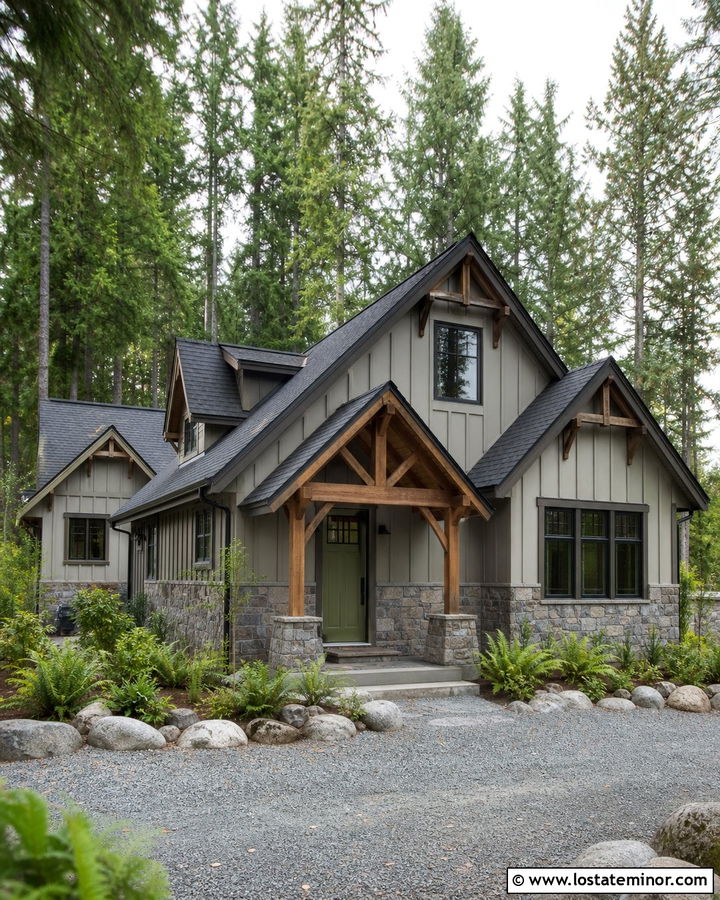 Dove Grey Cabin House With Wood Awning - 30 Dove Grey House Design With Awning Ideas