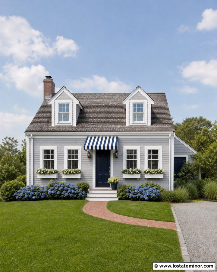 Dove Grey Cape Cod House With Striped Awning - 30 Dove Grey House Design With Awning Ideas