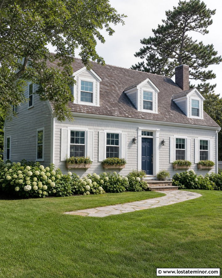 Dove Grey Cape Cod House With White Shutters - 30 Dove Grey House Design With Shutters Ideas