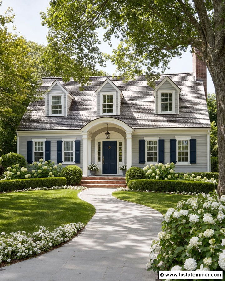 Dove Grey Cape Cod With Arched Portico - 30 Dove Grey House Design With Portico Ideas