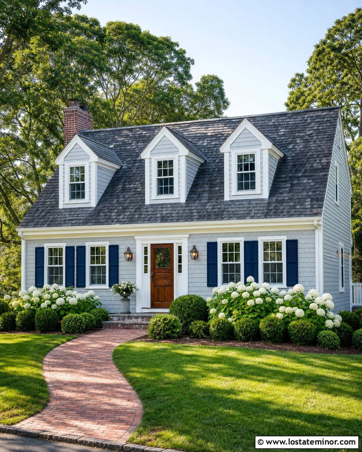 Dove Grey Cape Cod With Navy Shutters - 30 Dove Grey House Design With Dormers Ideas
