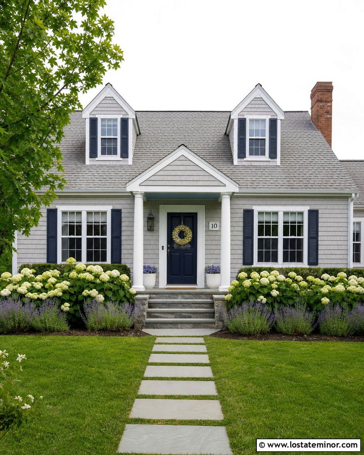Dove Grey Cape Cod With Small Gabled Porch - 30 Dove Grey House Design With Front Porch Ideas