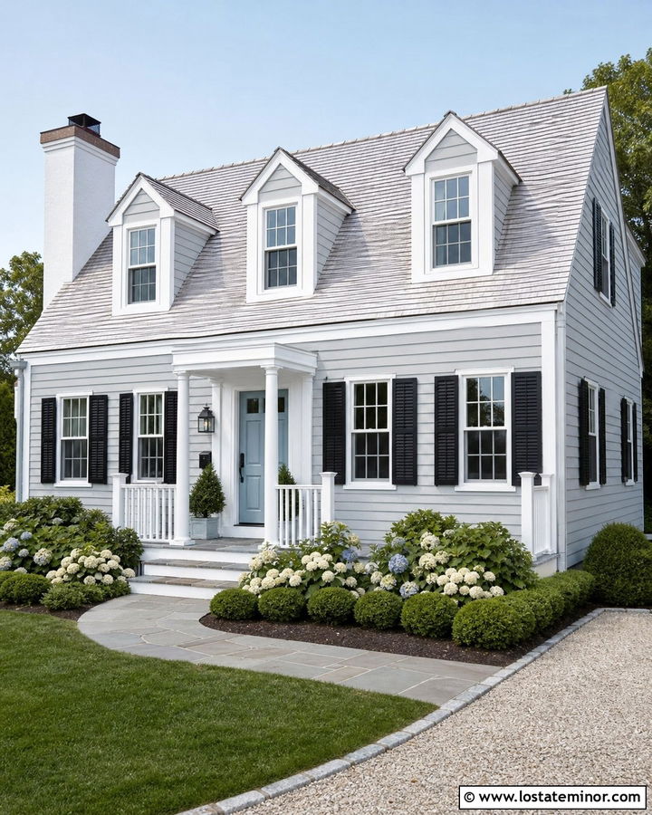 Dove Grey Cape Cod With White Porch Columns - 30 Dove Grey House Design With Porch Columns Ideas