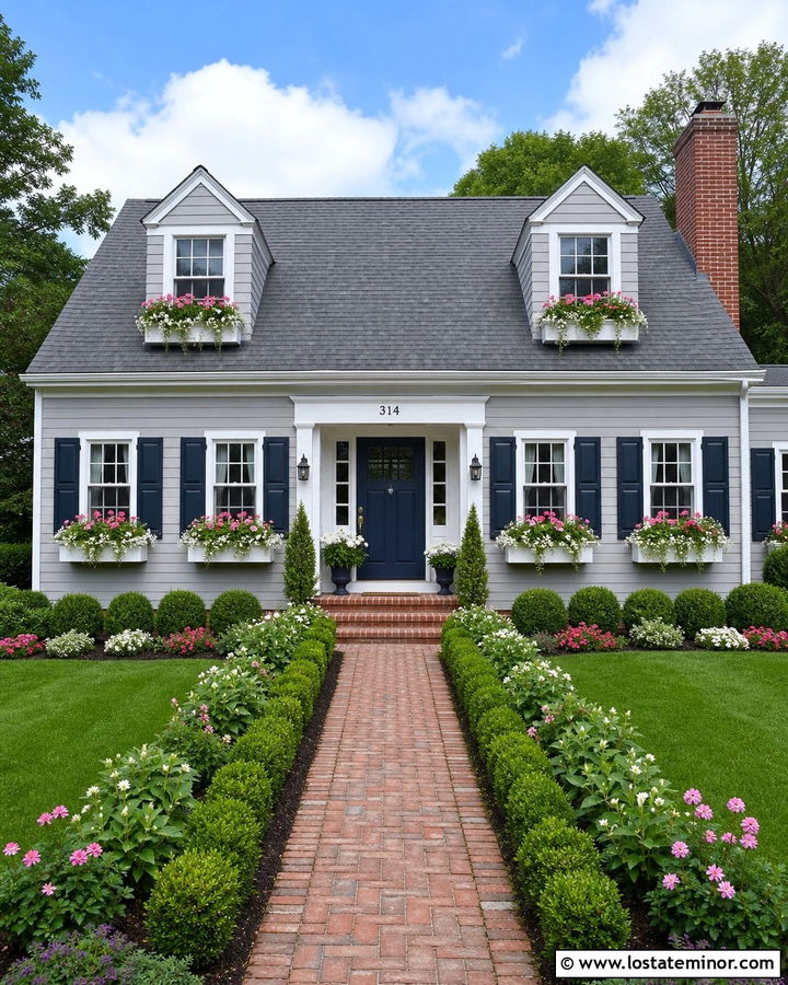 Dove Grey Cape Cod With White Window Boxes - 30 Dove Grey House Design With Window Boxes Ideas