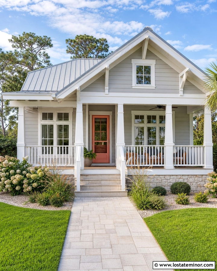 Dove Grey Coastal Bungalow With Coral Storm Door - 30 Dove Grey House Design With Storm Door Ideas