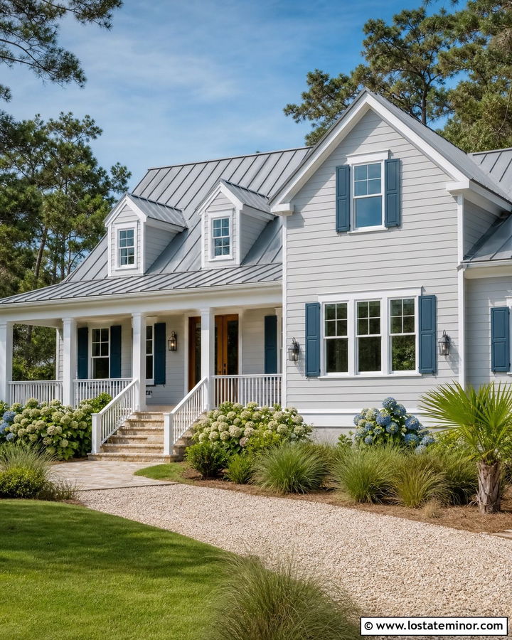 Dove Grey Coastal Cottage With Teal Shutters - 30 Dove Grey House Design With Shutters Ideas