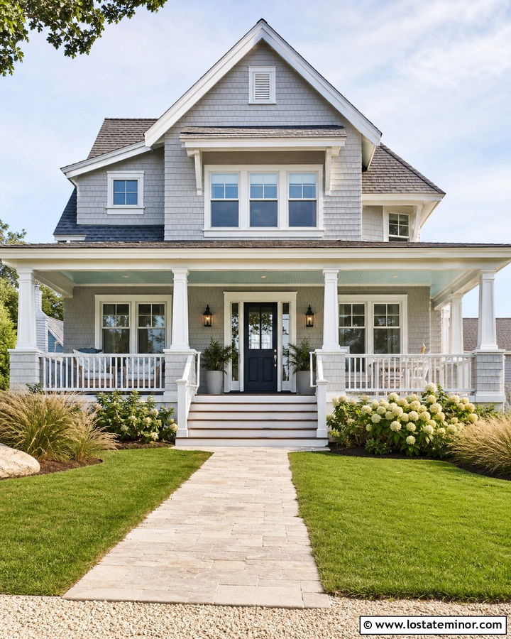 Dove Grey Coastal House With Aqua Beadboard Ceiling - 30 Dove Grey House Design With Porch Ceiling Ideas