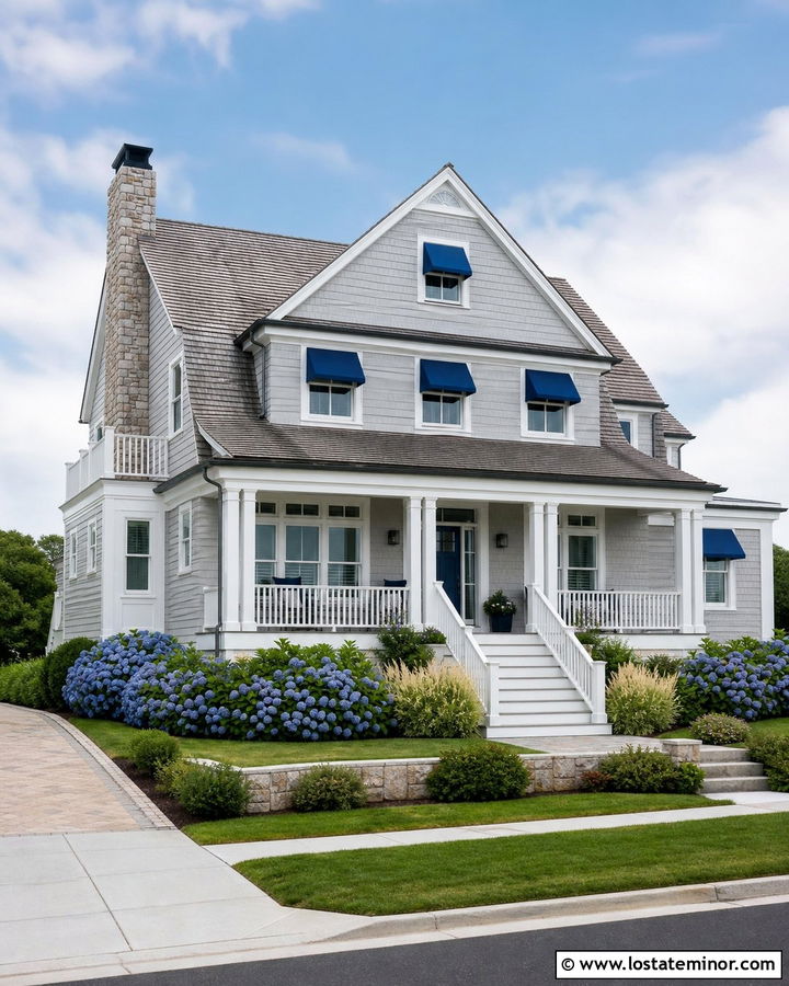 Dove Grey Coastal House With Blue Awning - 30 Dove Grey House Design With Awning Ideas