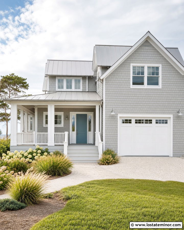 Dove Grey Coastal House With Blue Door And Composite Steps - 30 Dove Grey House Design With Steps Ideas