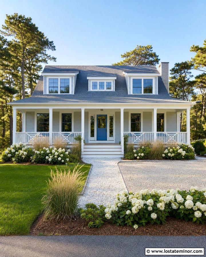 Dove Grey Coastal House With Blue Front Door - 30 Dove Grey House Design With Dormers Ideas