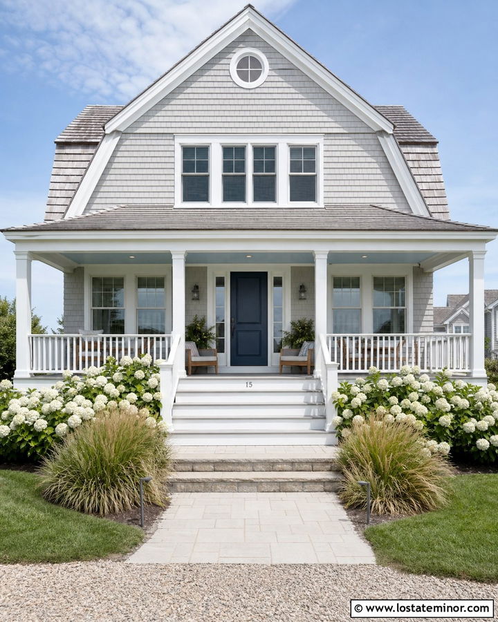 Dove Grey Coastal House With Blue Porch Ceiling - 30 Dove Grey House Design With Front Porch Ideas