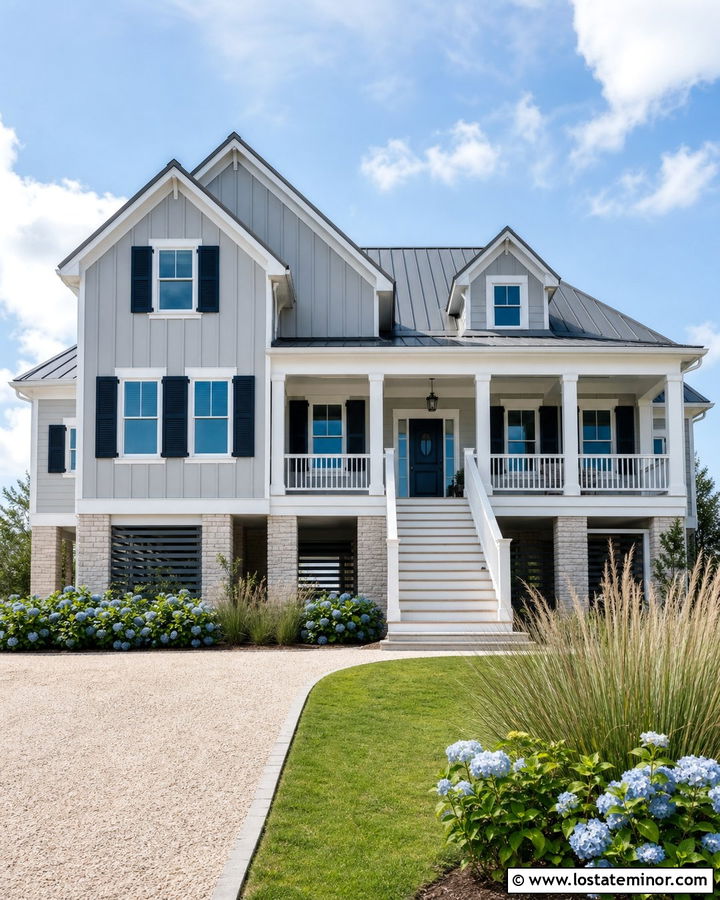 Dove Grey Coastal House With Navy Shutters - 30 Dove Grey House Design With Shutters Ideas