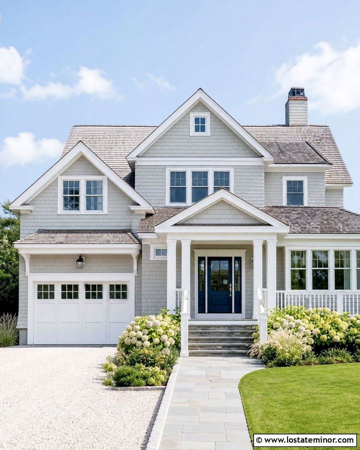 Dove Grey Coastal House With Navy Storm Door - 30 Dove Grey House Design With Storm Door Ideas