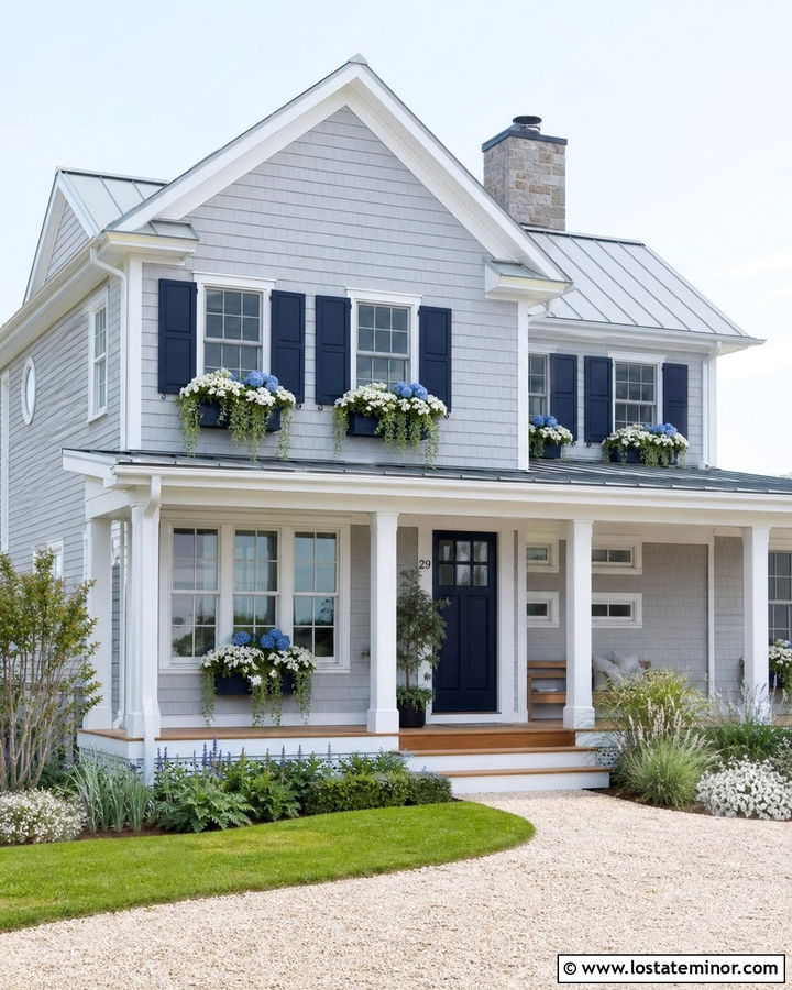 Dove Grey Coastal House With Navy Window Boxes - 30 Dove Grey House Design With Window Boxes Ideas