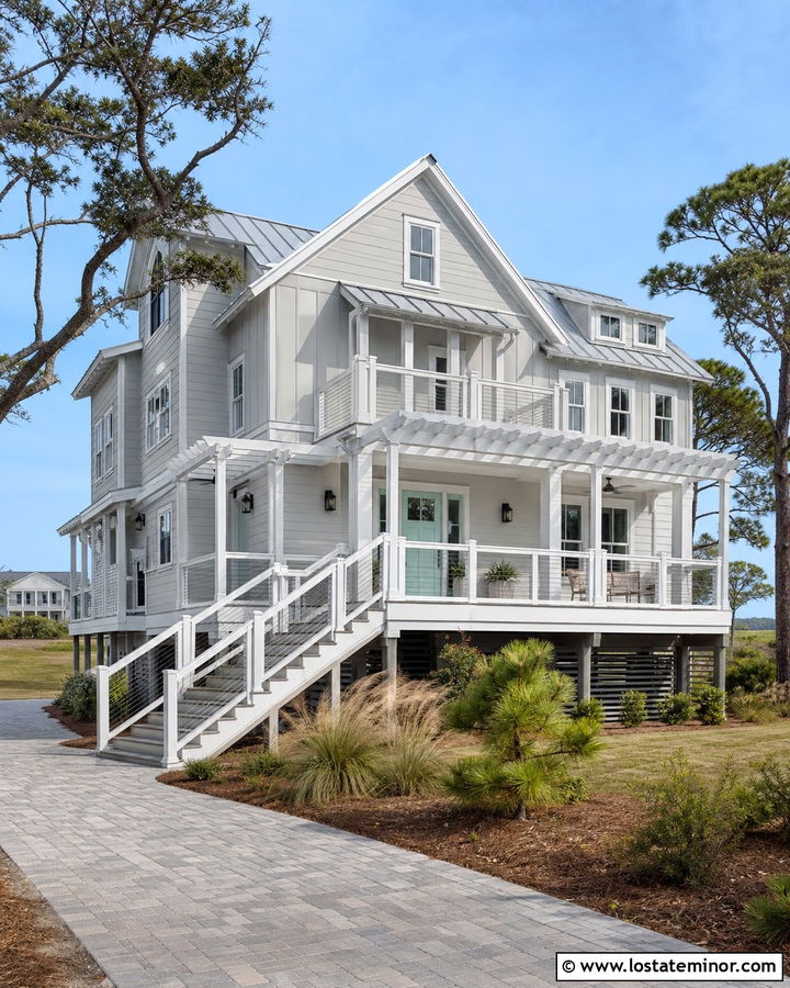 Dove Grey Coastal House With Pergola - 30 Dove Grey House Design With Pergola Ideas