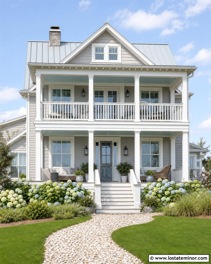 Dove Grey Coastal House With White Railings - 30 Dove Grey House Design With Railings Ideas