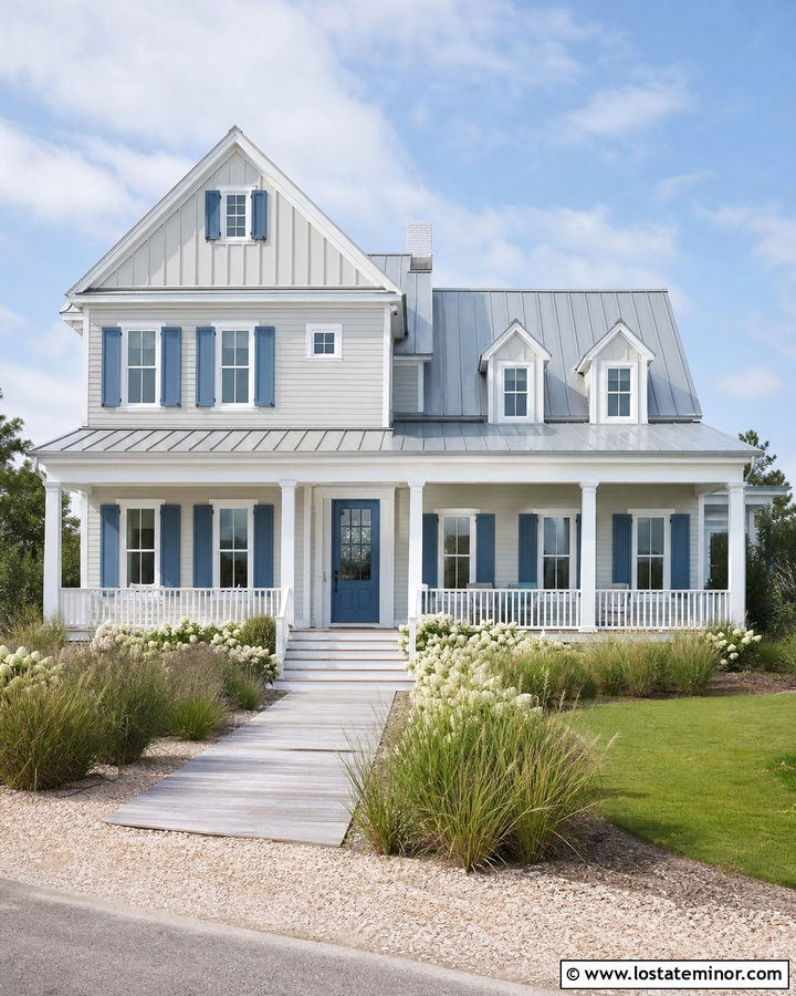 Dove Grey Coastal House With White Window Frames - 30 Dove Grey House Design With Window Frames Ideas