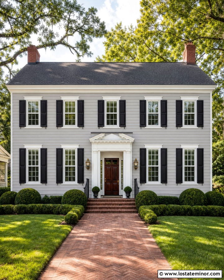 Dove Grey Colonial House With Black Shutters - 30 Dove Grey House Design With Shutters Ideas