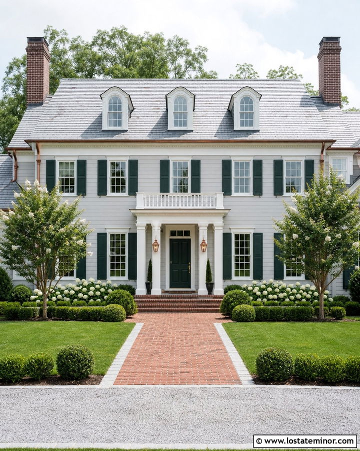 Dove Grey Colonial House With Forest Green Shutters - 30 Dove Grey House Design With Shutters Ideas
