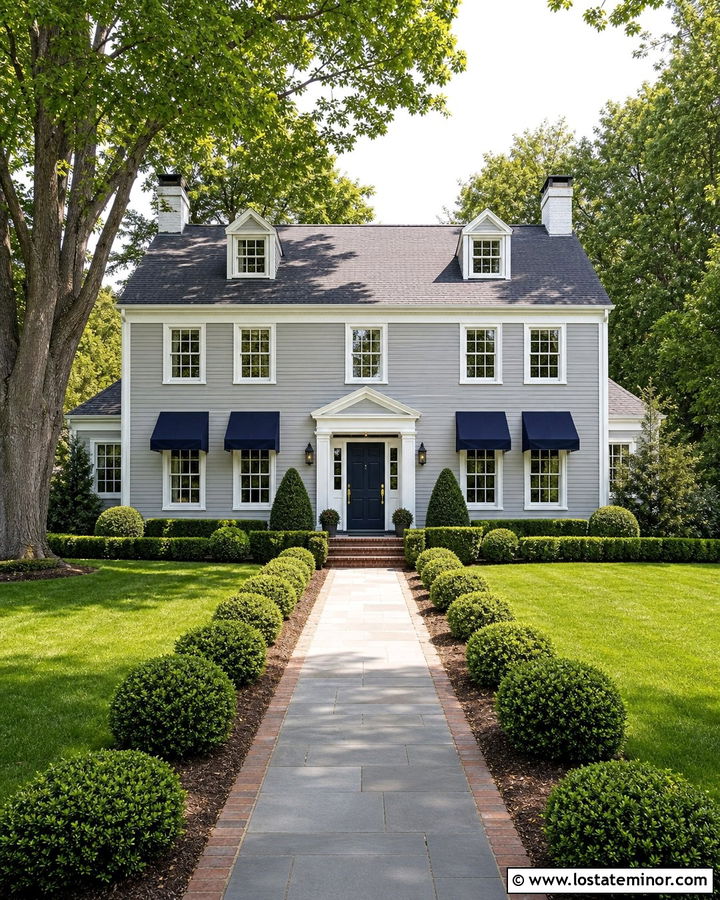 Dove Grey Colonial House With Navy Canvas Awning - 30 Dove Grey House Design With Awning Ideas
