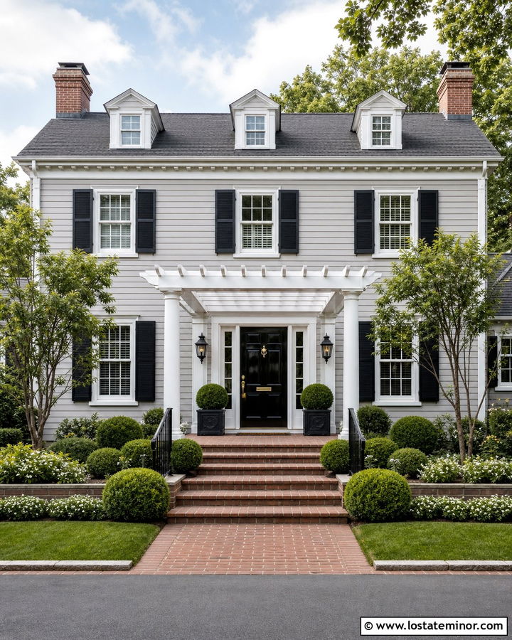 Dove Grey Colonial House With Pergola - 30 Dove Grey House Design With Pergola Ideas