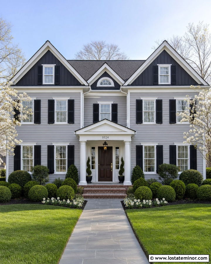 Dove Grey Colonial With Black Gables - 30 Dove Grey House Design With Gables Ideas