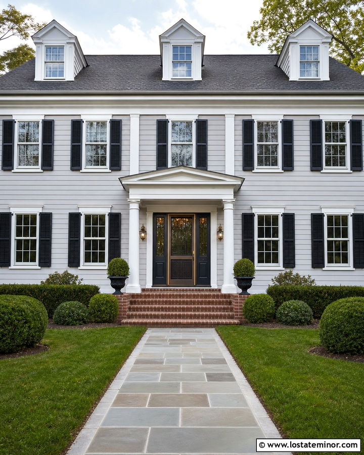 Dove Grey Colonial With Brass Mesh Screen Door - 30 Dove Grey House Design With Screen Door Ideas