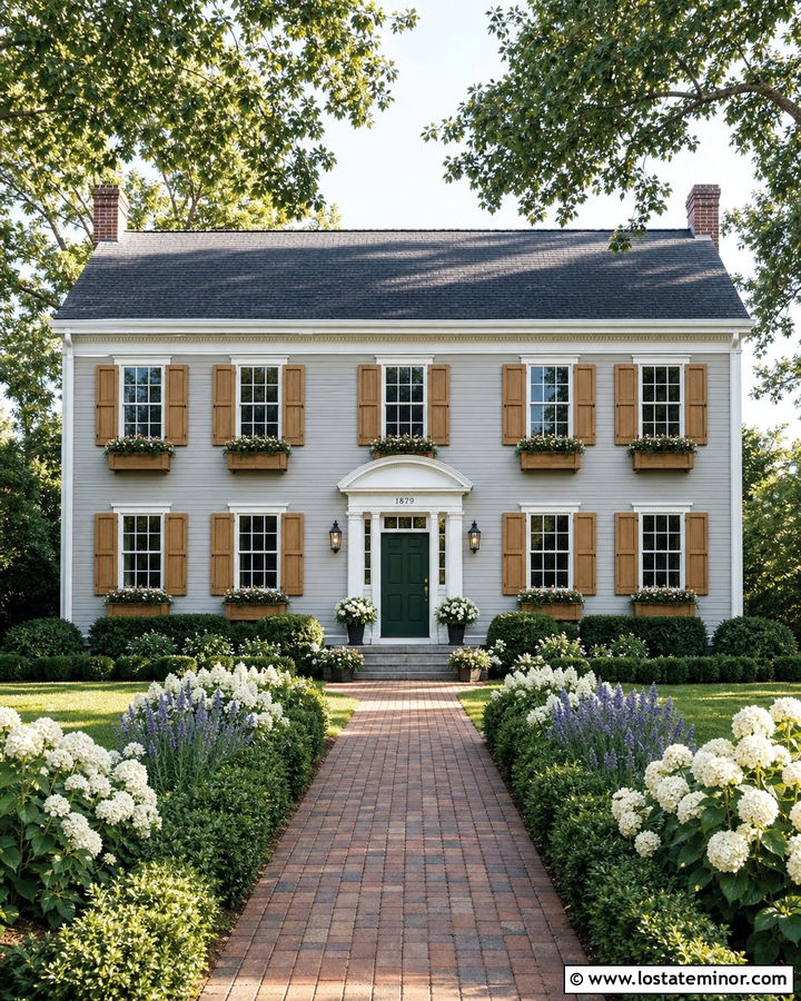 Dove Grey Colonial With Cedar Window Boxes - 30 Dove Grey House Design With Window Boxes Ideas