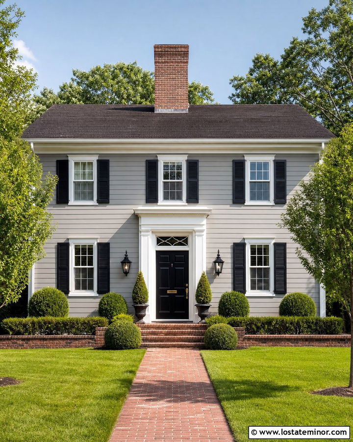 Dove Grey Colonial With Central Brick Chimney - 30 Dove Grey House Design With Chimney Ideas