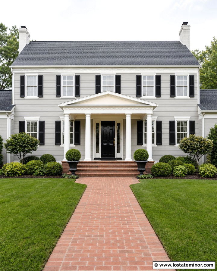 Dove Grey Colonial With Cream Tray Porch Ceiling - 30 Dove Grey House Design With Porch Ceiling Ideas
