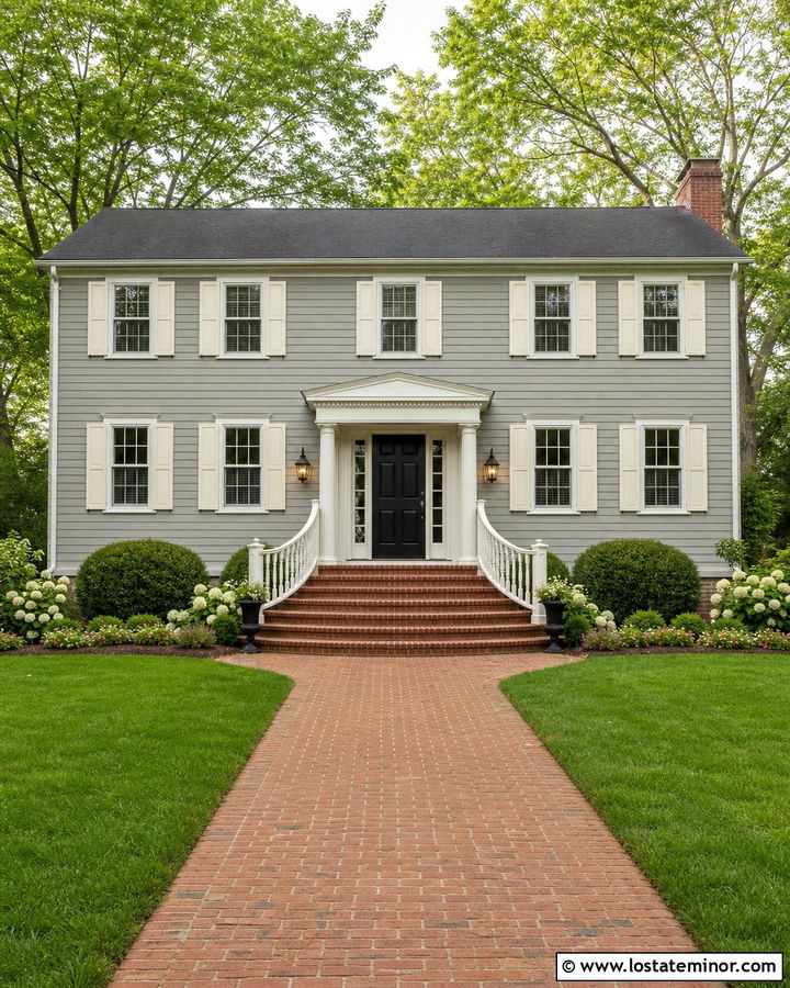 Dove Grey Colonial With Curved Brick Steps - 30 Dove Grey House Design With Steps Ideas