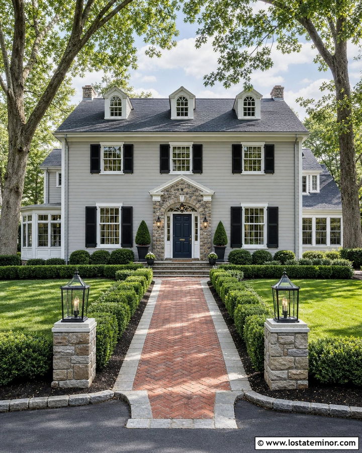 Dove Grey Colonial With Fieldstone Entry - 30 Dove Grey House Design With Stone Accents Ideas