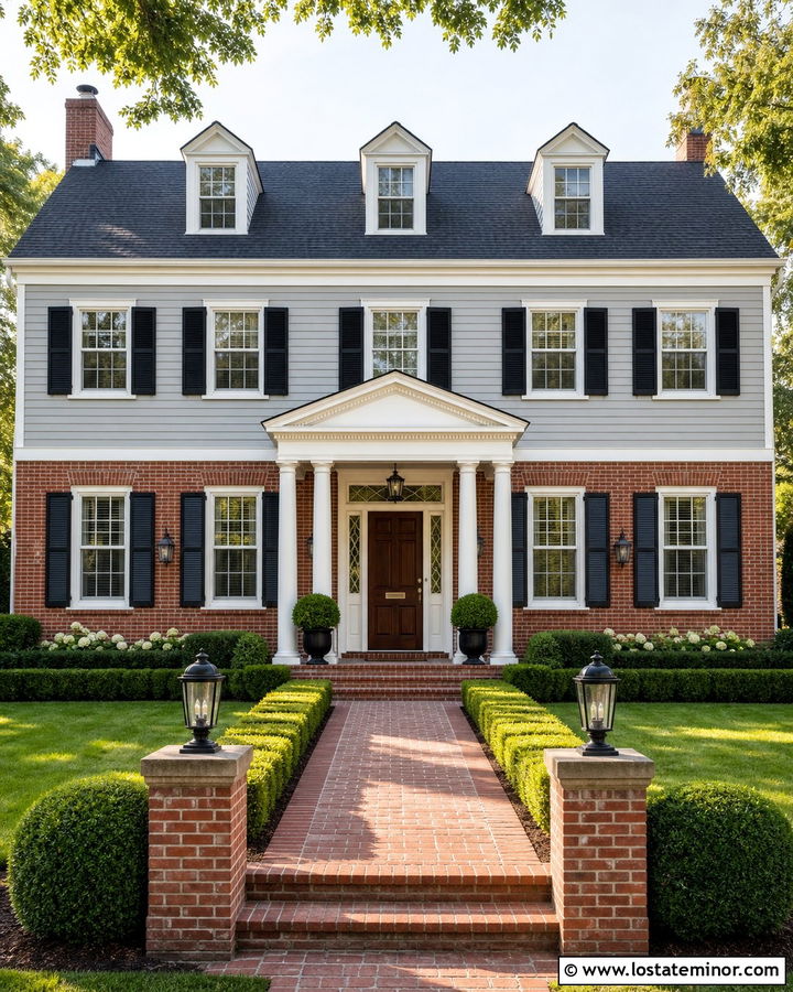 Dove Grey Colonial With Red Brick - 30 Dove Grey House Design With Brick Accents Ideas