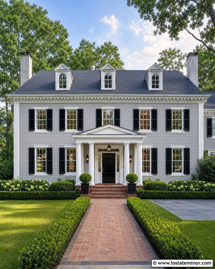 Dove Grey Colonial With Round Porch Columns - 30 Dove Grey House Design With Porch Columns Ideas