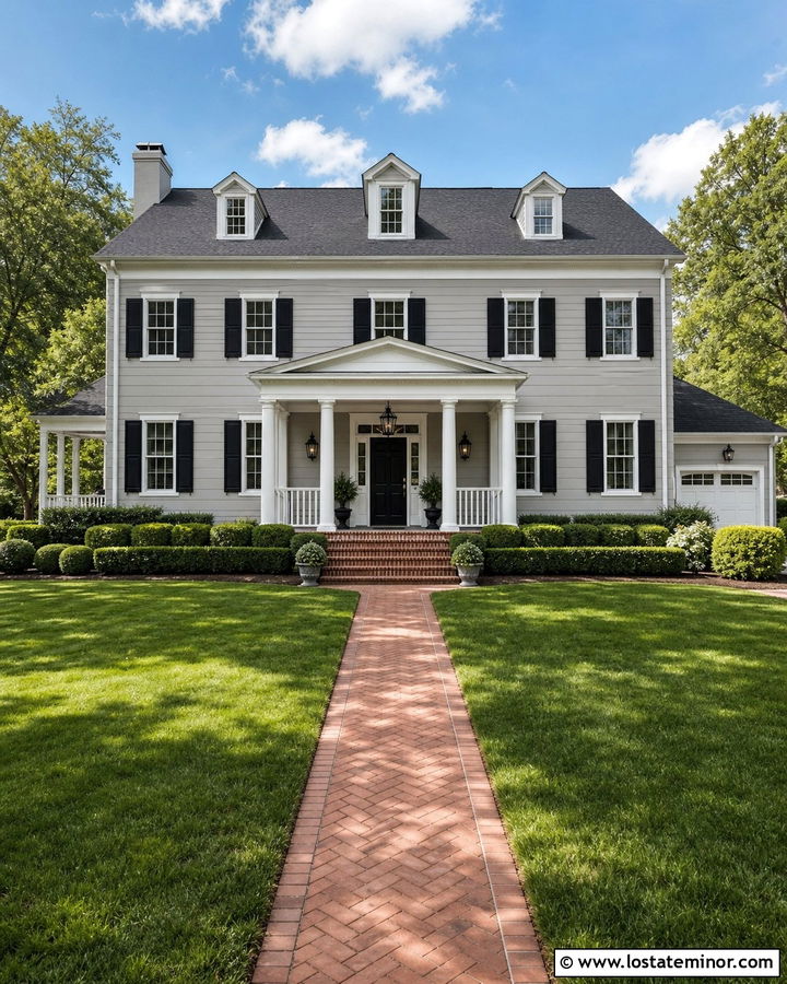 Dove Grey Colonial With White Column Porch - 30 Dove Grey House Design With Front Porch Ideas