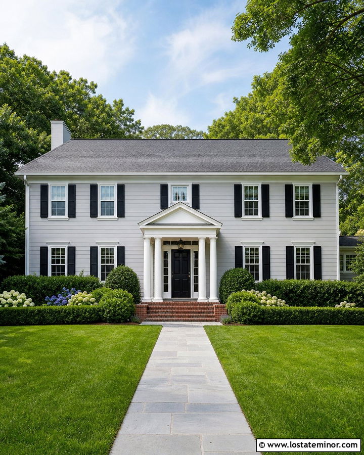 Dove Grey Colonial With White Portico - 30 Dove Grey House Design With Portico Ideas