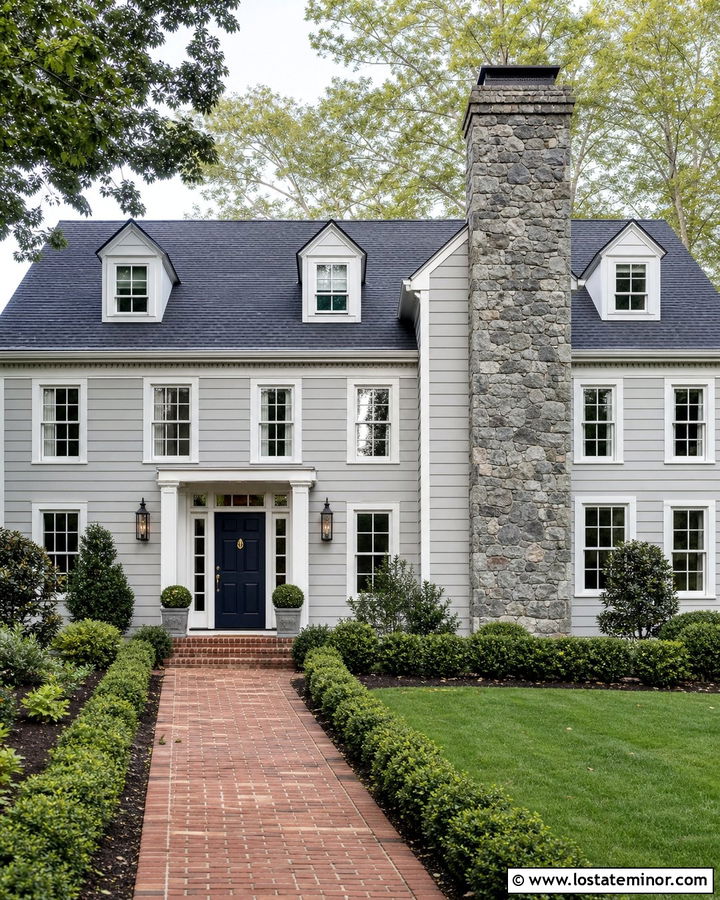 Dove Grey Colonial With White Trim And Stone Chimney - 30 Dove Grey House Design With Chimney Ideas