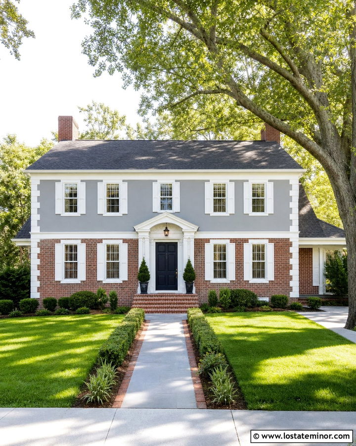 Dove Grey Colonial With White Windows And Red Brick - 30 Dove Grey House Design With Window Frames Ideas