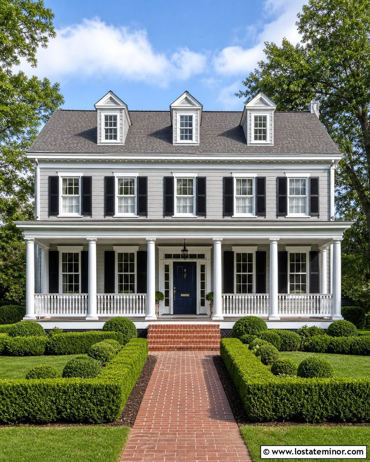 Dove Grey Colonial With White Wood Railings - 30 Dove Grey House Design With Railings Ideas