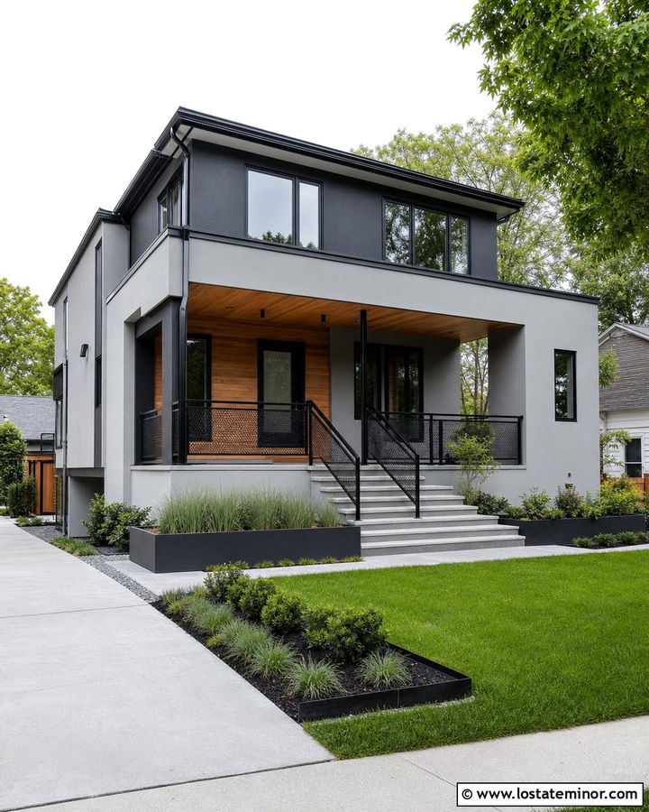 Dove Grey Contemporary House With Mesh Railings - 30 Dove Grey House Design With Railings Ideas