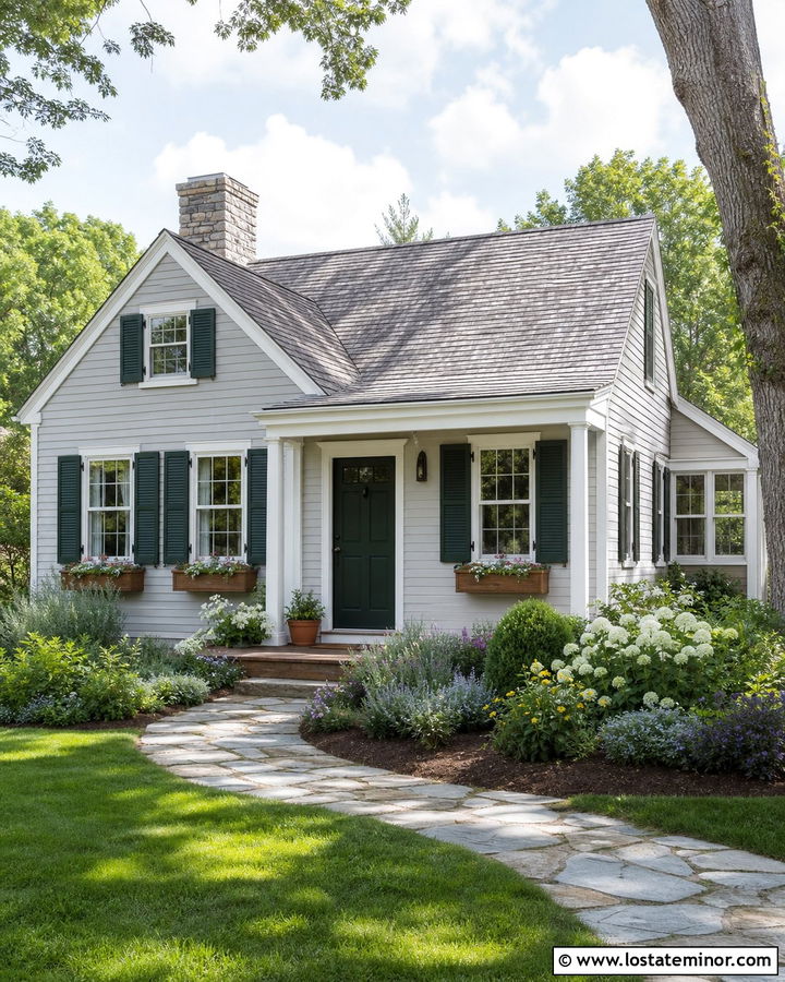 Dove Grey Cottage House With Functional Shutters - 30 Dove Grey House Design With Shutters Ideas
