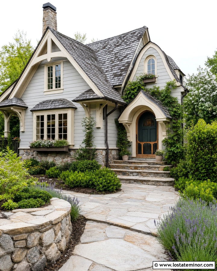 Dove Grey Cottage With Arched Wood Screen Door - 30 Dove Grey House Design With Screen Door Ideas